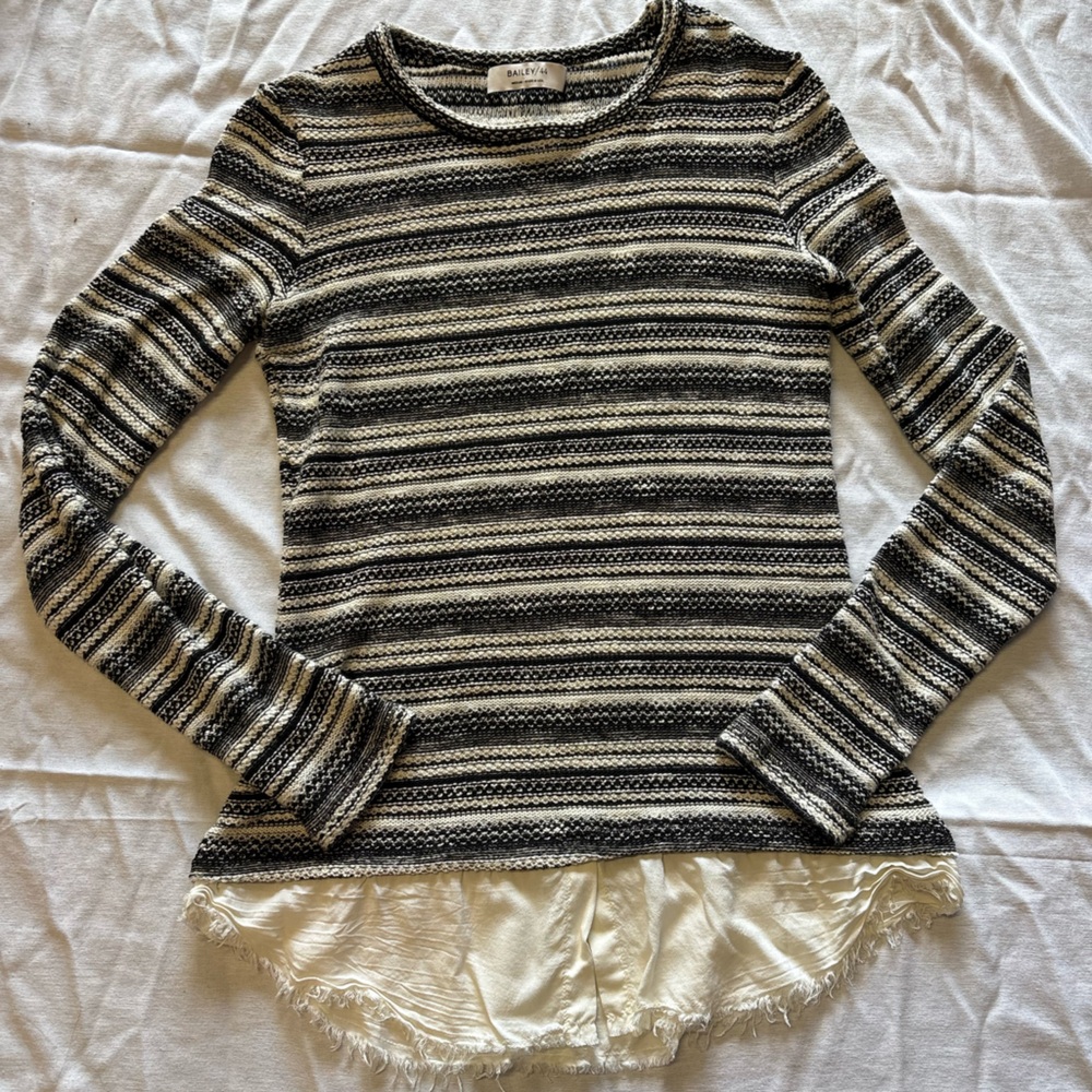 Bailey 44 Black and White Striped Sweater with Ruffle Detail